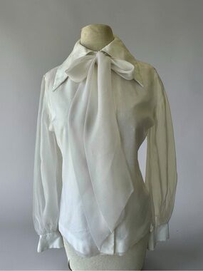 Vtg 60s Fashioned by Gregory White Sheer Sleeves Blouse Sz 10 Tie Neck Chiffon